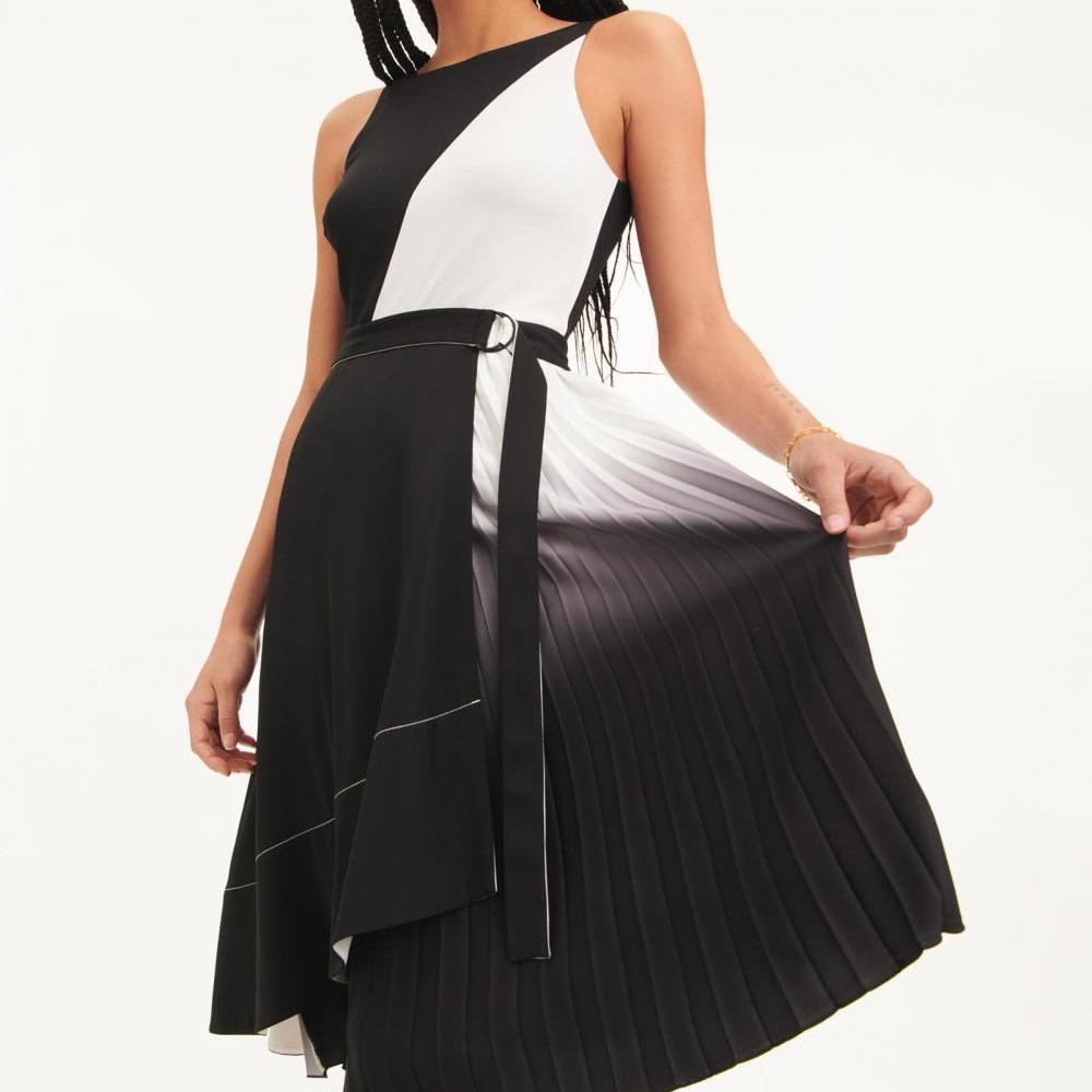 DKNY Women's Crewneck Ombre Midi Dress With Belt In Black And White size XS